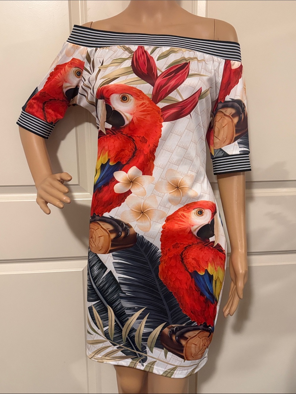 Tropical Parrot Print Off-Shoulder Dress Mini Dress - Picture 7 of 9